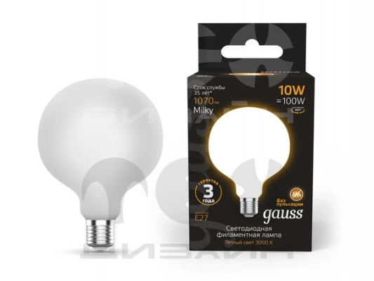   Gauss Filament G125 10W 1070lm 3000K E27 milky LED