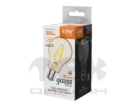   Gauss Basic Filament A60 4,5W 300lm 2200K E27 golden LED